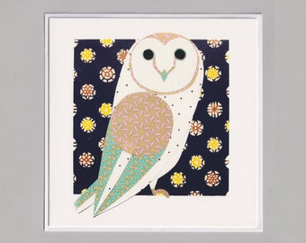 Barn owl blank greetings card, print, collage