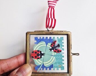 Lucky ladybugs, ladybirds hand cut collage hanging decoration in glass frame B
