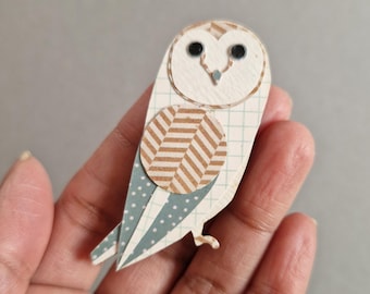Barn owl - handmade pin badge brooch. Paper collage on laser cut plywood ply.