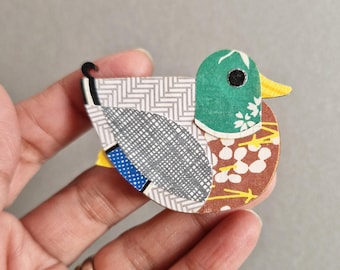 Mallard duck - handmade pin badge brooch. Paper collage on laser cut plywood ply.