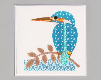 Kingfisher blank greetings card, print, collage