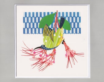 Olive-Backed Sunbird blank greetings card, print, collage