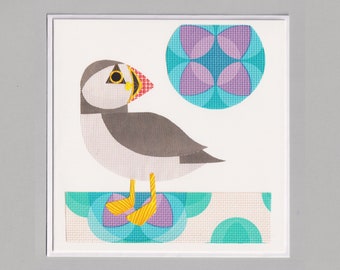 Puffin blank greetings card, print, collage