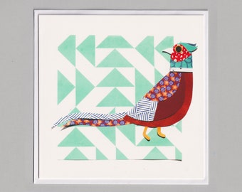 Pheasant blank greetings card, print, collage