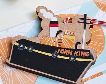 Bristol Boats hanging ornaments - John King tug only. Lasercut cherry wood veneered MDF.