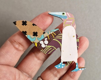 Blue footed booby - handmade pin badge brooch. Paper collage on laser cut plywood ply.
