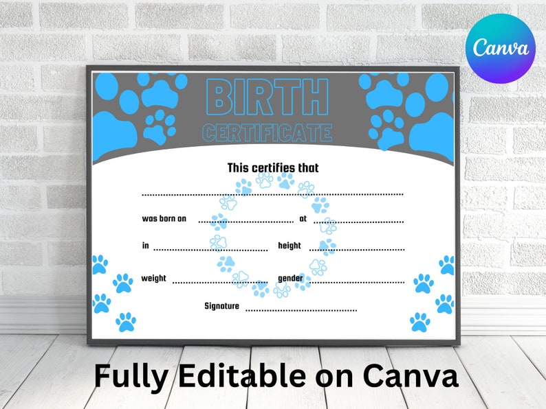 Printable Puppy Birth Certificate dog Birth Certificate pet Birth Certificate breeder Birth Form ...