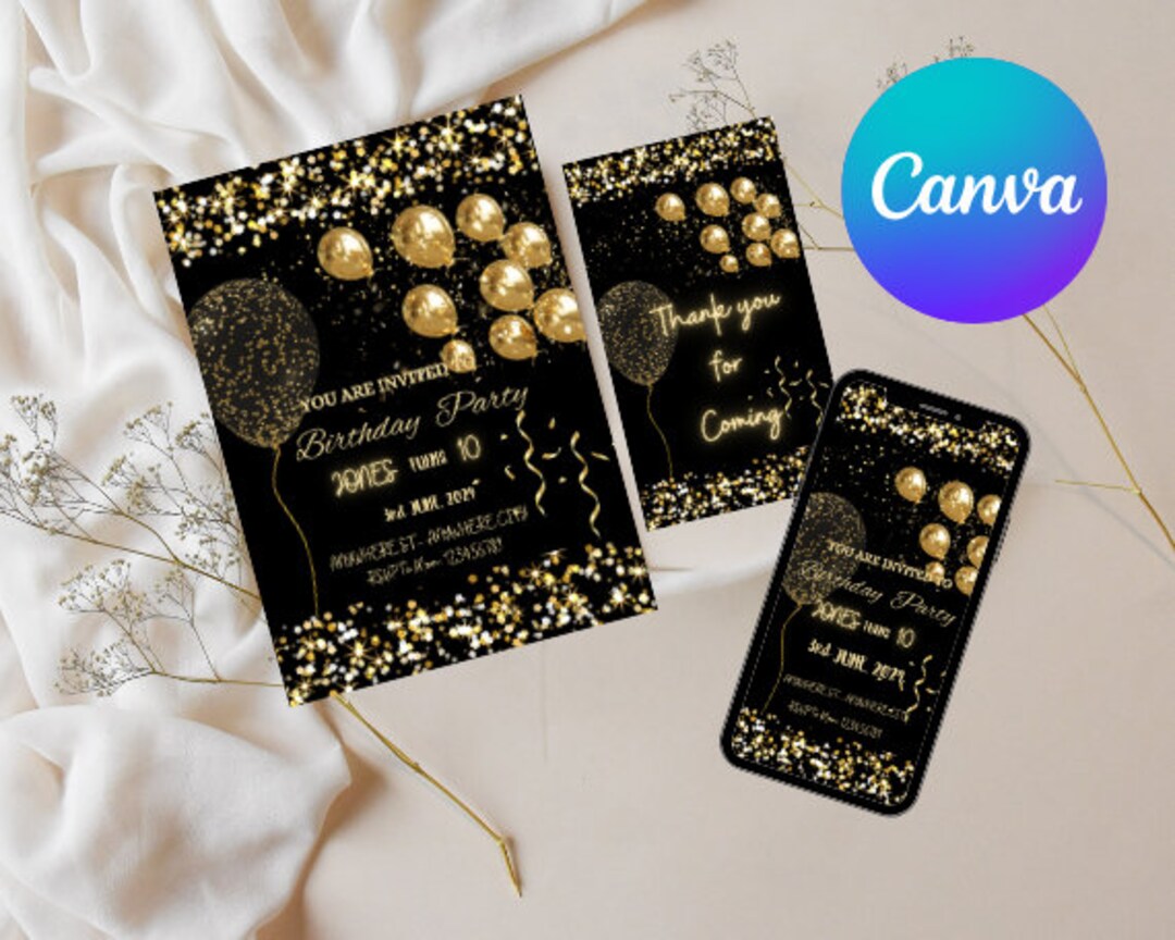 Editable Black Gold Birthday Invitation Template, Gold Glitter Kid ...