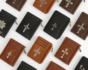 Gothic Zipper Card Holder Wallet with Cross Design,Genuine Leather Coin Purse with Zipper,Hidden Pocket,Christian Religious Gift for Him/Her