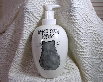 Russian Blue Grey Cat Soap Dispenser Wash Your Paws Handmade Ceramic by Grace M Smith