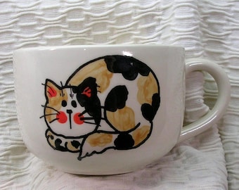 Tasse géante à soupe ou à café au lait Calico Cat en stock et prête à être expédiée, céramique en faïence faite main par GMS