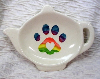 Rainbow Cat Paw Print With Heart Tea Bag Holder Handmade In Clay by Grace M Smith