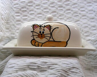 Flame Point Himalayan Siamese Cat On Ceramic Butter Dish Handpainted Original by Grace M Smith