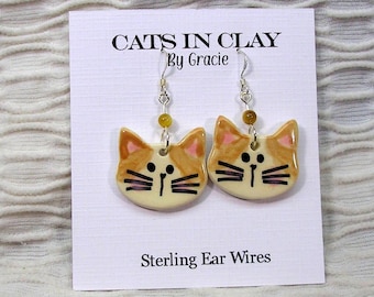 Ginger Tabby Cat Clay Earrings Handmade French Wire With Stone Bead by GMS