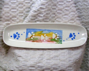 Paw Prints On Oval Pottery Dish, Tray With Pastel Colors Handmade Mini Platter by Grace M Smith