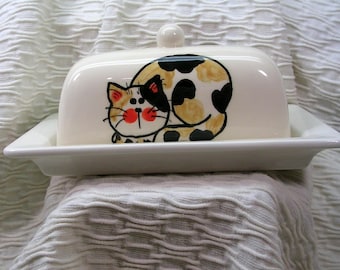 Calico Cat On Clay Butter Dish Hand-painted Original by Grace M Smith