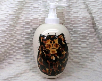 Smiling Tortie Cat Soap Dispenser or Lotion Bottle Ceramic by Grace M. Smith