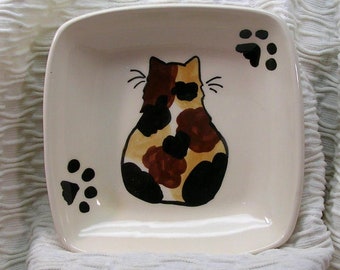 Calico Cat On Square Ceramic Dish Handmade Pet Dish by Gracie