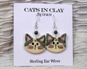 Pottery Earrings Gray and White Cat Handmade Dangle With Stone Bead by GMS