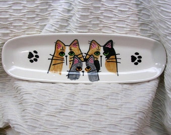 Cat Trio Oval Pottery Dish, Tray With Cats Handmade Mini Platter by Grace M Smith