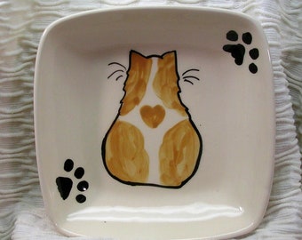 Orange and White Cat With Heart on Square Ceramic Dish or Bowl Handmade by Gracie