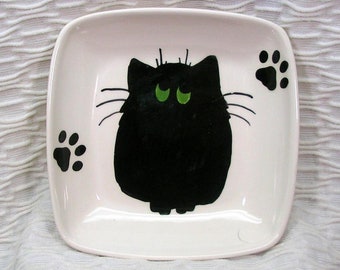 Black Cat With Green Eyes On A Square Clay Dish / Bowl Ceramic Handmade by Grace M Smith