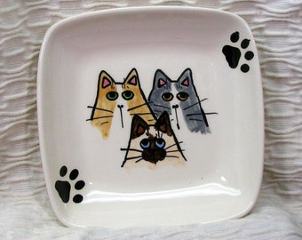 Cat Trio On Square Ceramic Dish Handmade Pet Dish by GMS