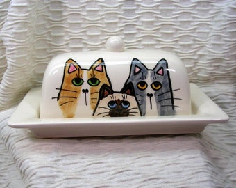 Cat Trio On Ceramic Butter Dish Handpainted Original by Grace M Smith