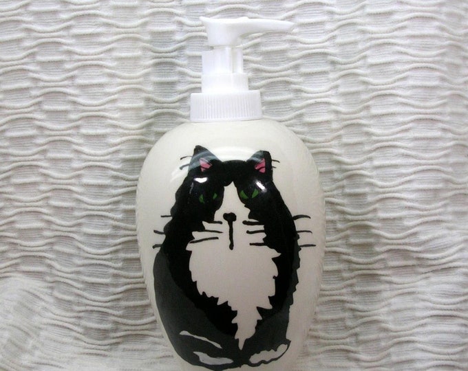 Tuxedo Black & White Cat Soap Dispenser or Lotion Bottle Ceramic by