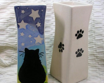 Calico Cat And Stars Pottery Bud Vase Handmade By Grace M Smith