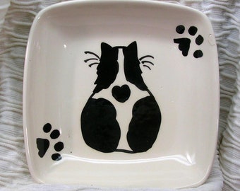 Black & White Cat With Heart Handmade On Square Ceramic Dish / Bowl by Gracie