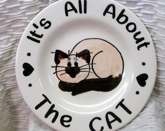 Assiette de chat de 6 pouces faite à la main en argile par Grace M Smith Plat de nourriture pour animaux de compagnie