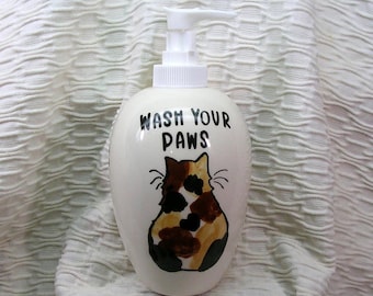 Calico Cat Soap Dispenser Wash Your Paws Handmade In Ceramic Soap Pump Bottle