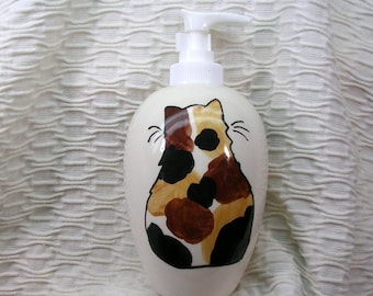 Calico Cat Soap Dispenser or Lotion Bottle Handmade In Ceramic by Grace M. Smith