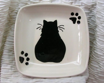 Black Cat On A Square Clay Dish / Bowl Ceramic Handmade by Grace M Smith