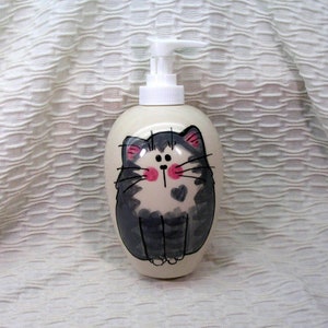 Gray Striped Tabby Cat Lotion Bottle Or Soap Dispenser Ceramic Handmade by Grace M. Smith image 1