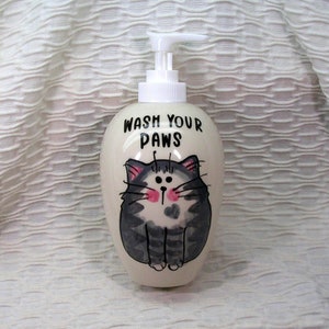 Gray Tabby Cat Soap Dispenser Wash Your Paws Handmade Ceramic by Grace M Smith