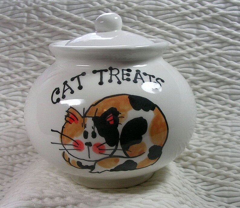Cat Treat Jar Calico Cat Ceramic With Lid Handmade by GMS Etsy