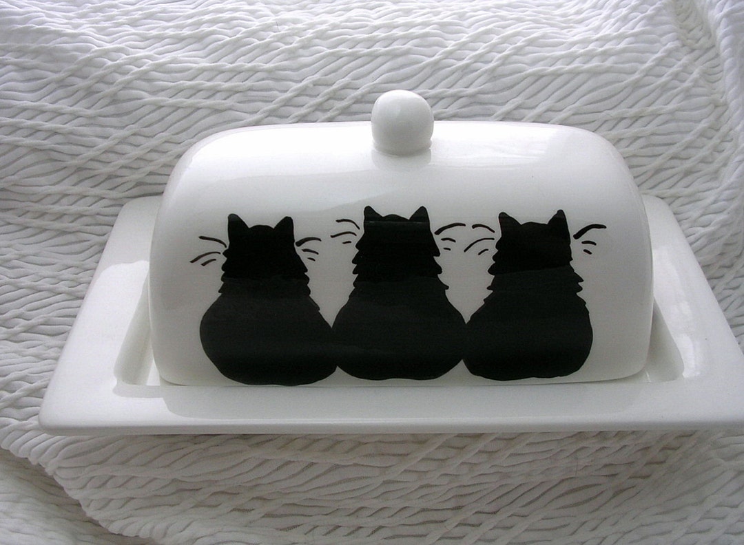 Three Black Cats on Ceramic Butter Dish Handpainted Original by Grace M