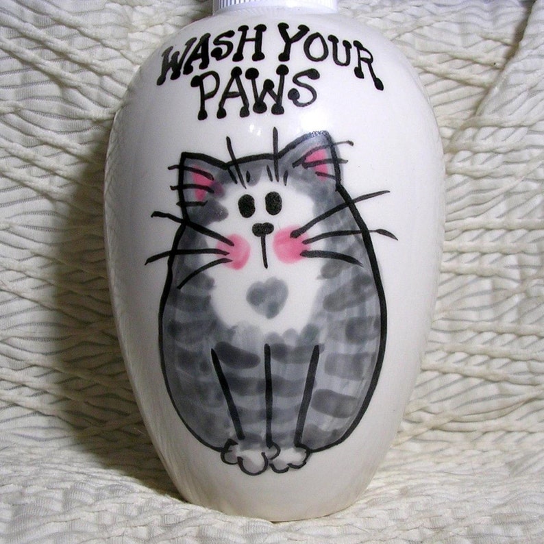 Gray Tabby Cat Soap Dispenser Wash Your Paws Handmade Ceramic Etsy