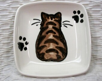 Brown Striped Tabby Cat On A Square Clay Dish / Bowl Ceramic Handmade by Grace M Smith