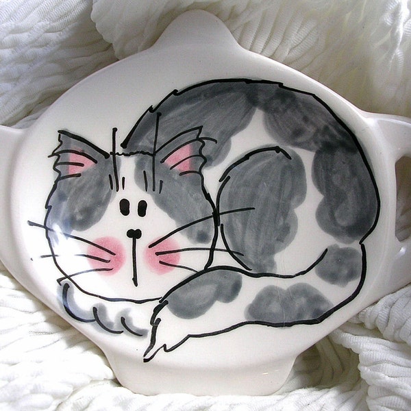 Grey Tabby Cat On Ceramic Tea Bag Holder Handmade by Grace M. Smith