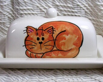 Orange Tabby Cat On Ceramic Butter Dish Handpainted Original by Grace M Smith