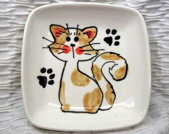 Orange And White Cat Dish Original Design Painted On Square Dish Handmade Ceramic by Grace M Smith