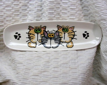 Three Cats On Oval Pottery Dish, Tray With Cats Handmade Mini Platter by Grace M Smith