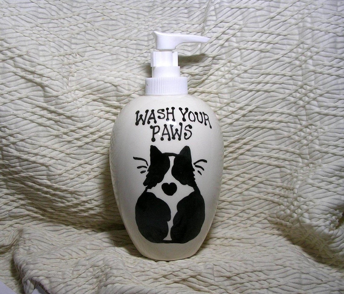 Black & White Cat Soap Dispenser Wash Your Paws Ceramic Soap Etsy
