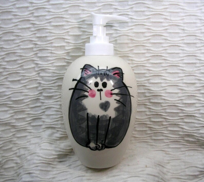 Gray Striped Tabby Cat Lotion Bottle Or Soap Dispenser Ceramic Handmade by Grace M. Smith image 6