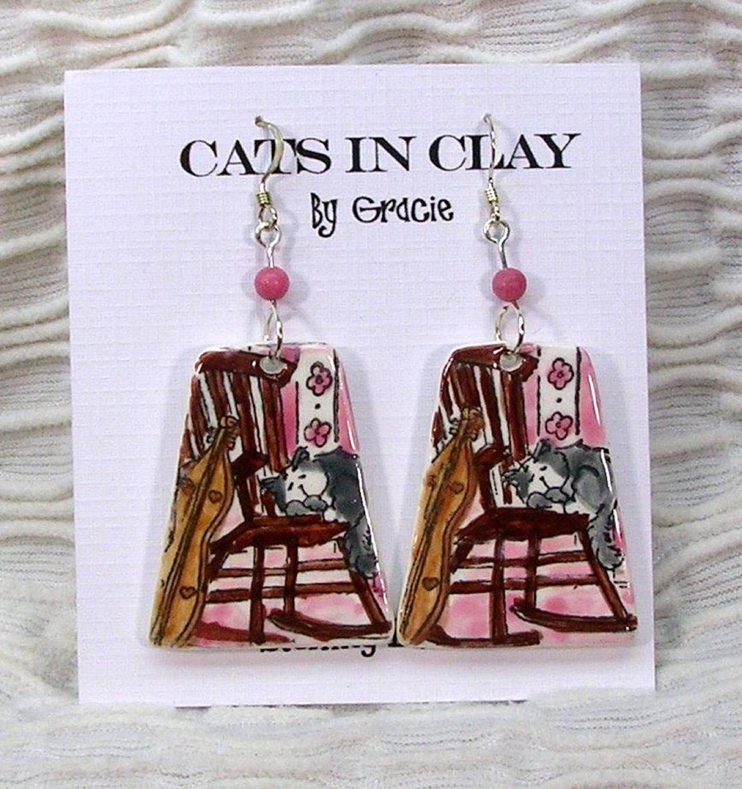Cat Dulcimer Rocking Chair Dangle Pottery Earrings Sterling Ear Wires