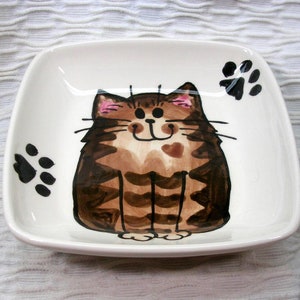 Brown Striped Tabby Cat On Square Clay Dish with Paw Prints Earthenware Clay Kiln Fired image 2