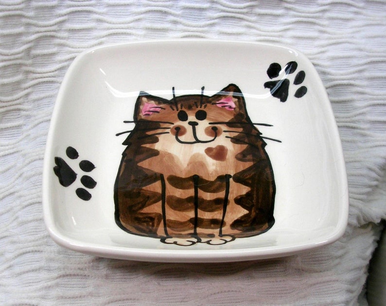 Brown Striped Tabby Cat On Square Clay Dish with Paw Prints Earthenware Clay Kiln Fired image 2